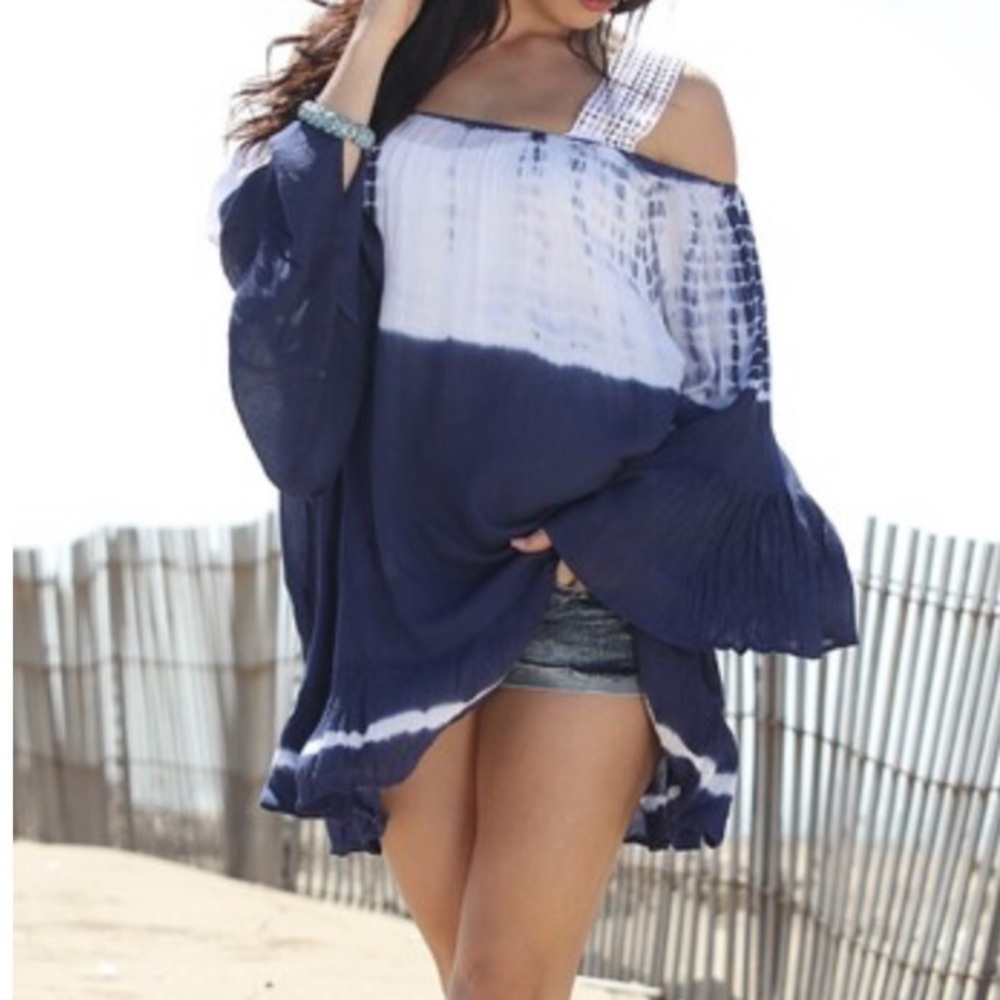 Navy & White Tie-Dye Off-Shoulder Cover-Up /Tunic